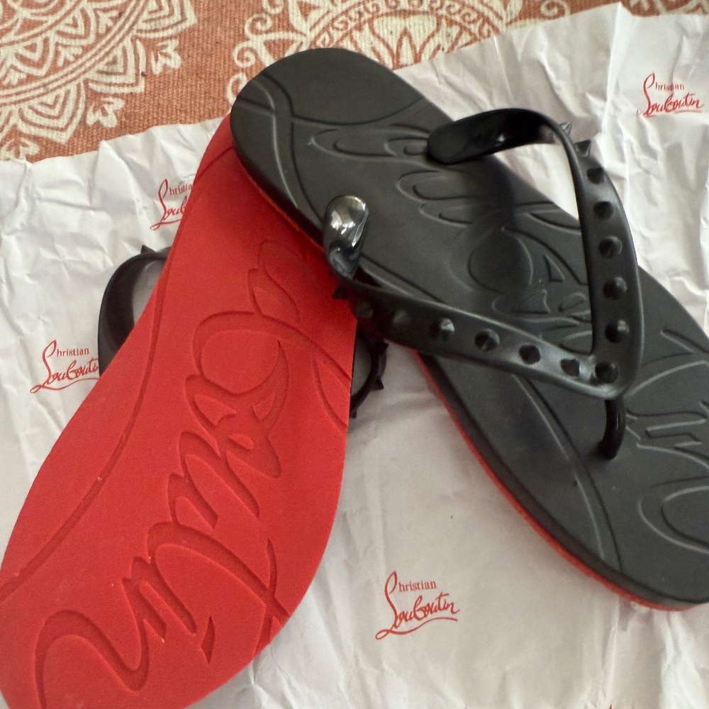 Christian Louboutin Black Spike Flip Flops Red Bottom